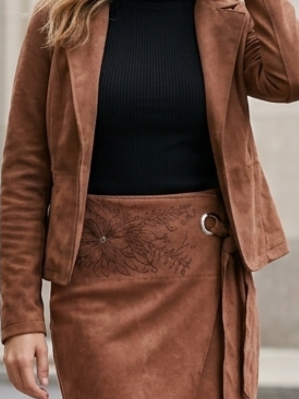 Hand engraved/burnt Suede Skirt in Rich brown/tan